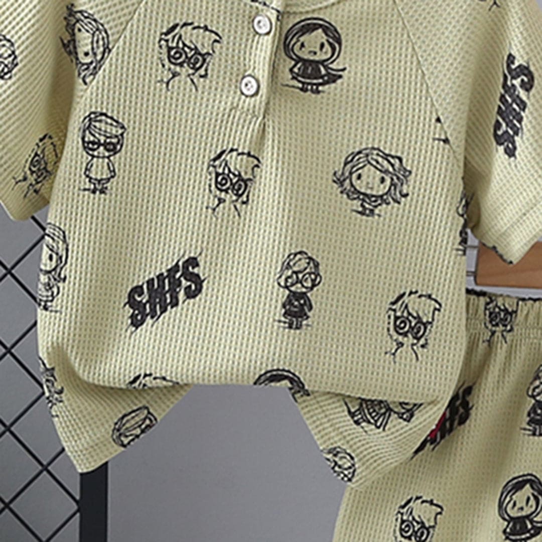 Boys Green Cartoon Printed Short Sleeves T-shirt with Shorts Set Sets
