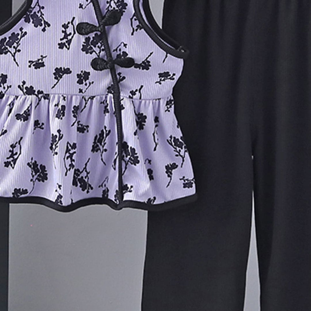 Girls Purple Floral Print Strappy Top with Pants Set Sets