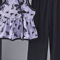 Girls Purple Floral Print Strappy Top with Pants Set Sets