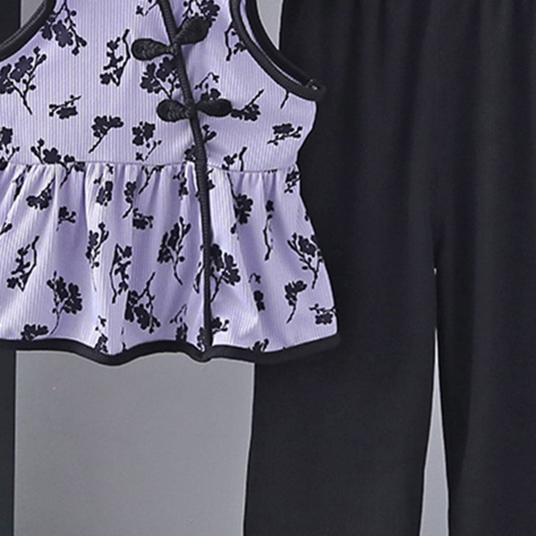 Girls Purple Floral Print Strappy Top with Pants Set Sets