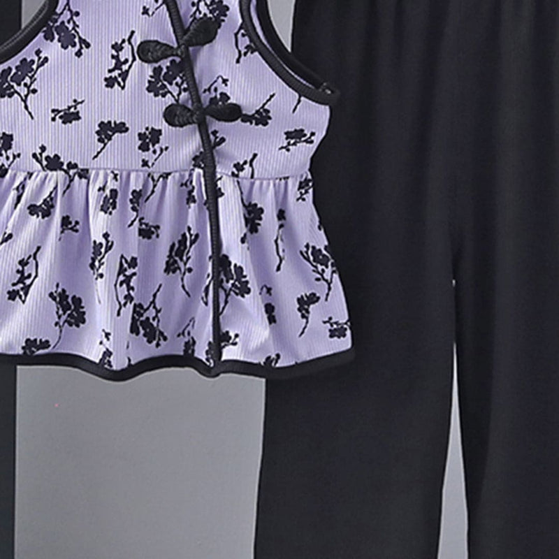 Girls Purple Floral Print Strappy Top with Pants Set Sets