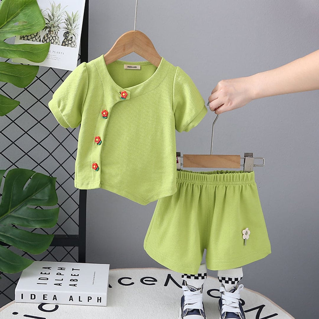 Girls Green Short Sleeves Top with Shorts Set Sets Green 1-2 Y