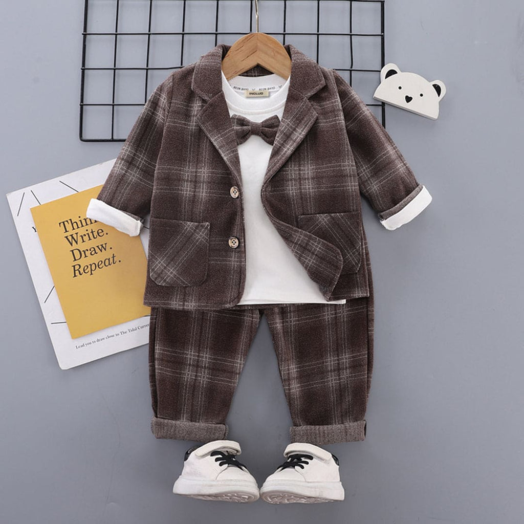 Boys Brown Checked Print Waistcoat with Pants Set Sets Brown 1-2 Y