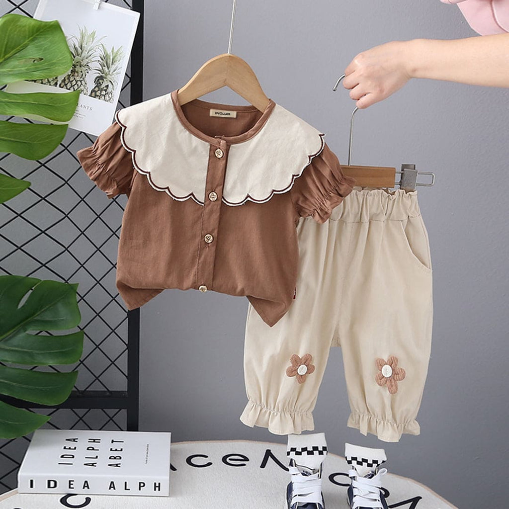 Girls Brown Puff Sleeves Top with Elasticated Pants Set Sets Beige 1-2 Y