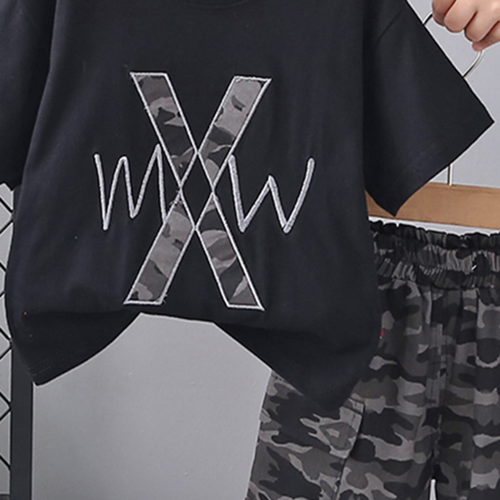 Boys Black T-shirt With Camouflage Print Shorts Set Sets