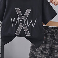 Boys Black T-shirt With Camouflage Print Shorts Set Sets