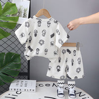 Boys White Cartoon Print T-shirt with Shorts Set Sets