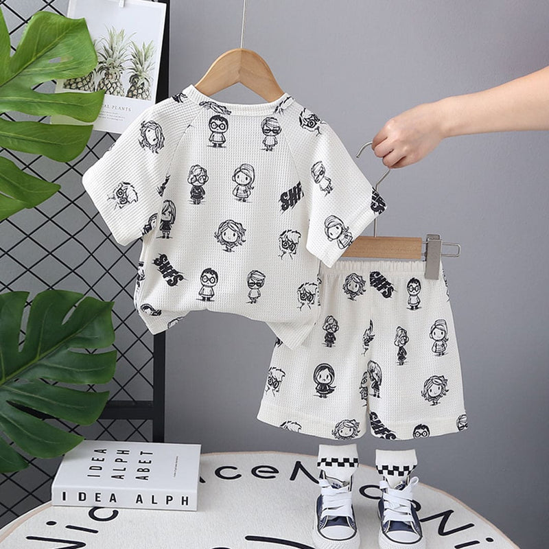 Boys White Cartoon Print T-shirt with Shorts Set Sets