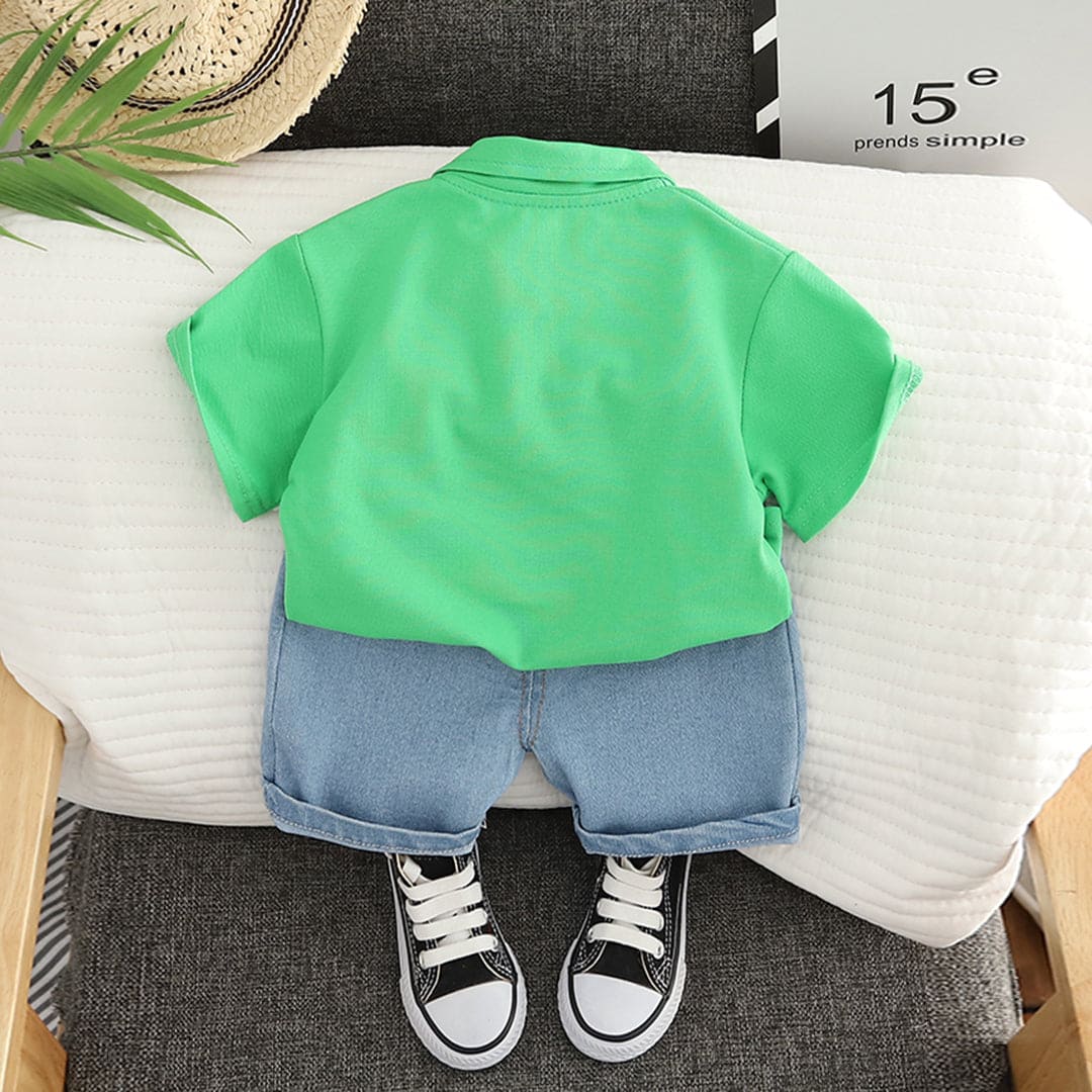 Boys Green Short Sleeves T-shirt With Denim Shorts Set Sets
