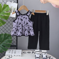 Girls Purple Floral Print Strappy Top with Pants Set Sets