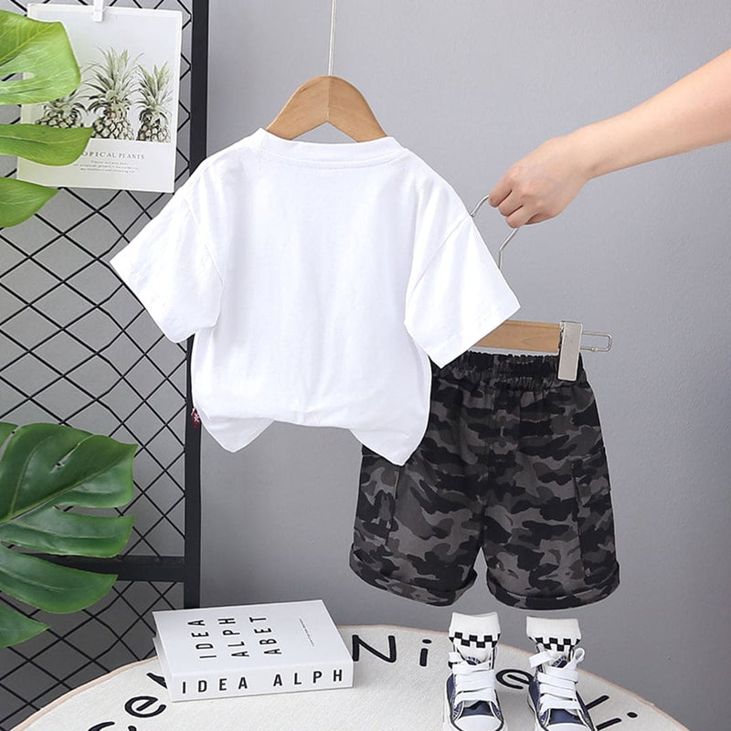 Boys White Shorts Sleeves T-shirt with Camouflage Printed Shorts Set Sets