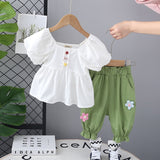 Girls White Puff Sleeves Top with Pants Set