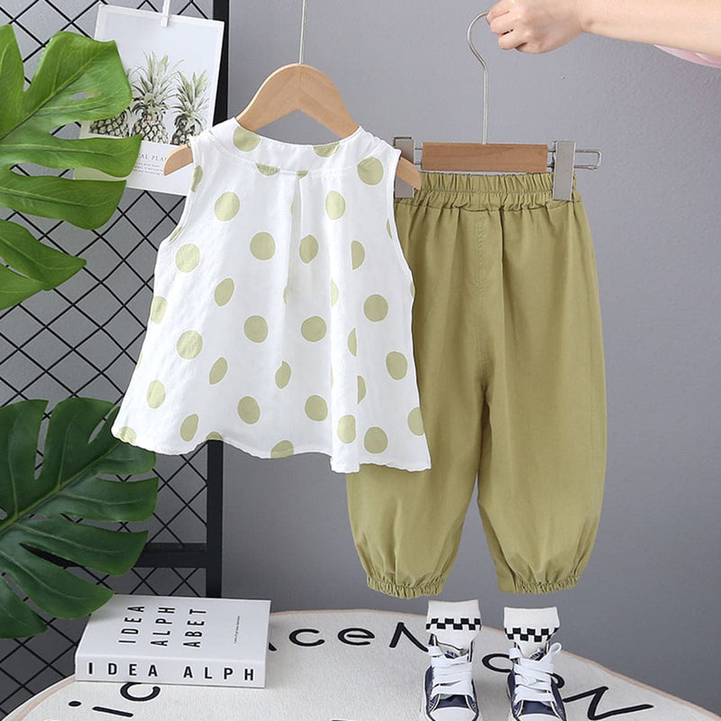 Girls Green Polka Dot Printed Top with Pants Set Sets Green 1-2 Y