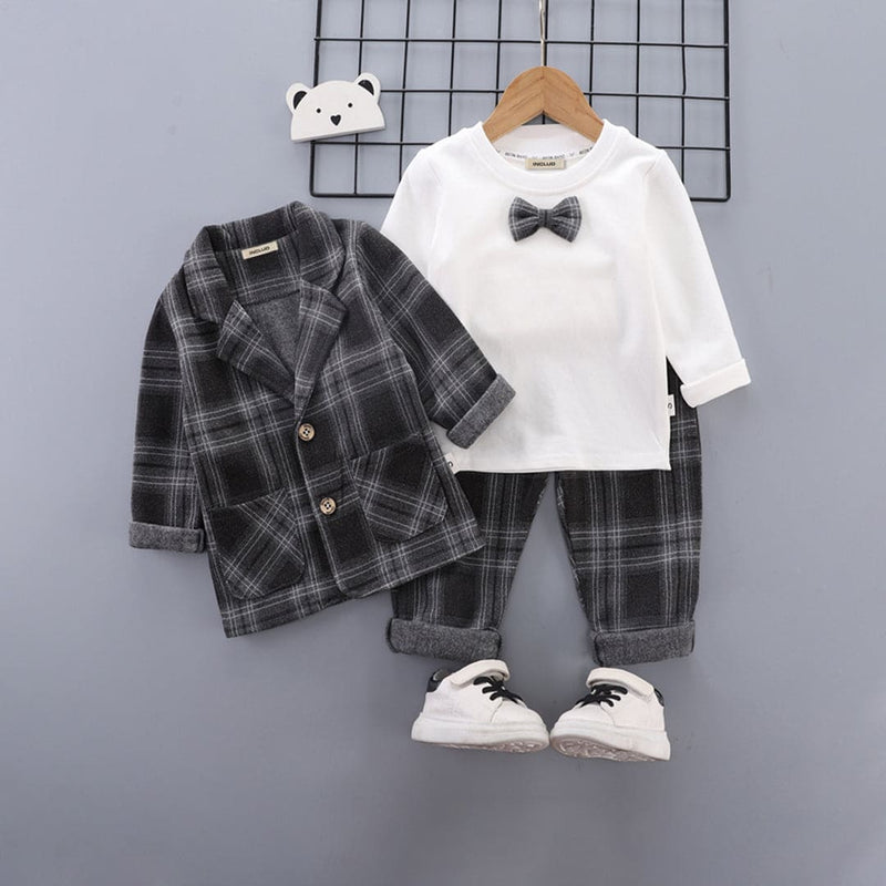 Boys Grey Checkered Print Waistcoat with T-shirt & Pants Set Sets