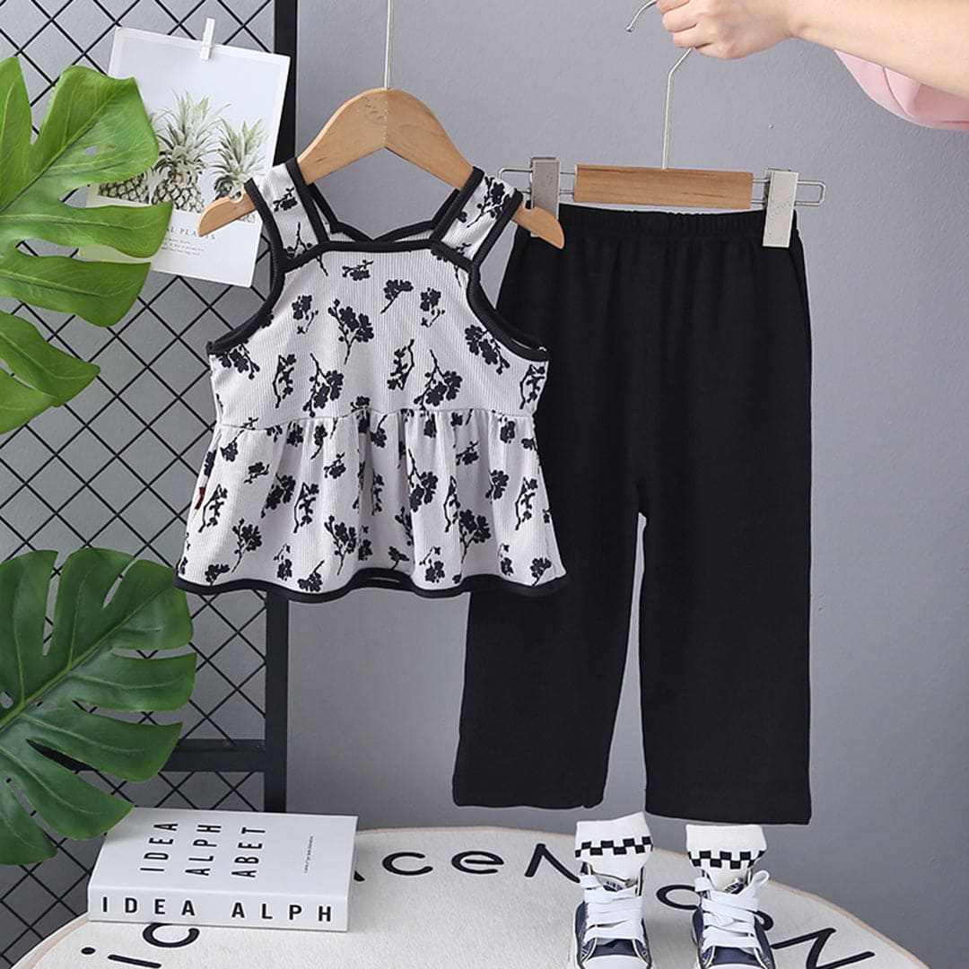 Girls Grey Floral Print Strappy Top with Pants Set Sets