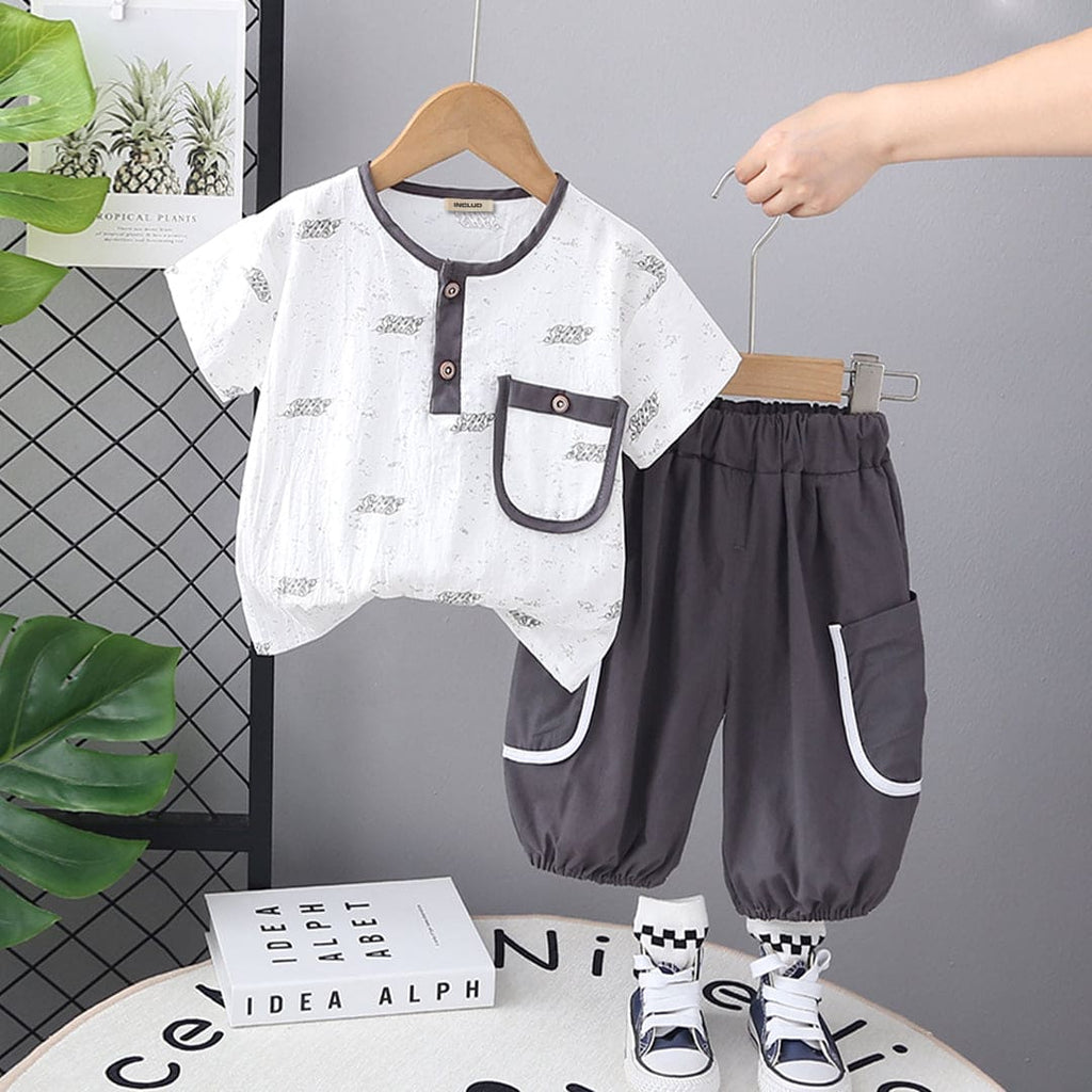 Boys Grey Printed Short Sleeves T-shirt with Pants Set Sets Grey 1-2 Y