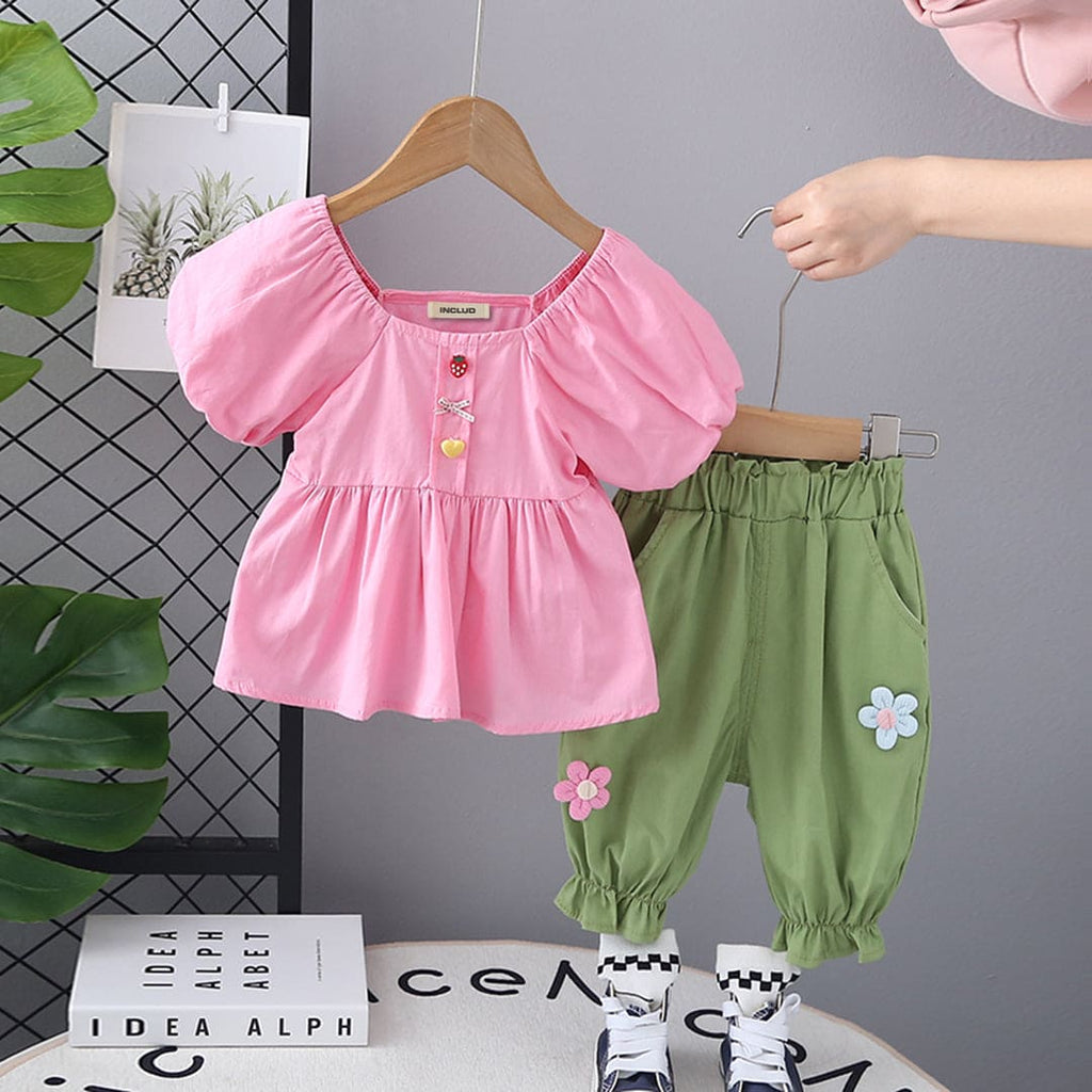 Girls Pink Puff Sleeves Top with Elasticated Pants Set Sets Pink 1-2 Y