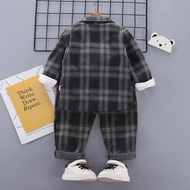 Boys Grey Checkered Print Waistcoat with T-shirt & Pants Set Sets