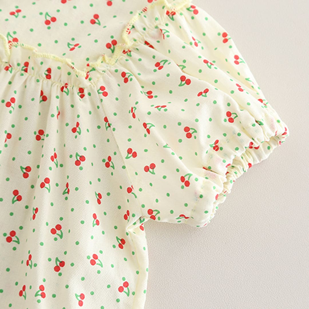 Girls Beige Cherry Print Puff Sleeves Top with Pants Set Sets