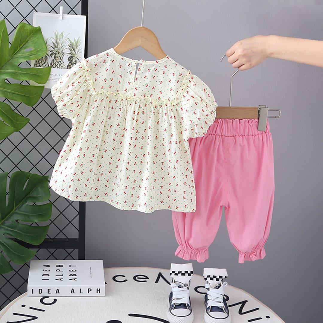 Girls Beige Cherry Print Puff Sleeves Top with Pants Set Sets
