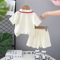 Girls Beige Strawberry Embroidered Short Sleeves T-shirt with Skirt Set Sets