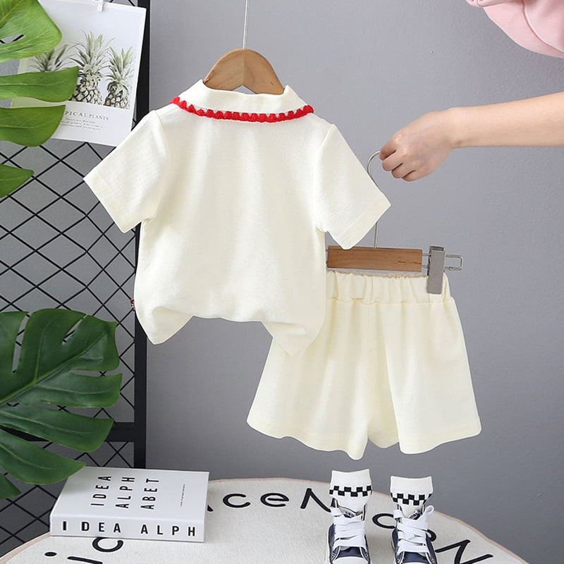 Girls Beige Strawberry Embroidered Short Sleeves T-shirt with Skirt Set Sets