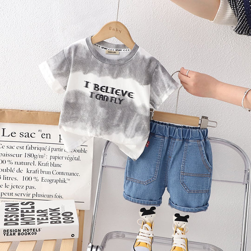 Boys Grey Tie & Dye Short Sleeves T-shirt with Shorts Set Sets Grey 1-2 Y