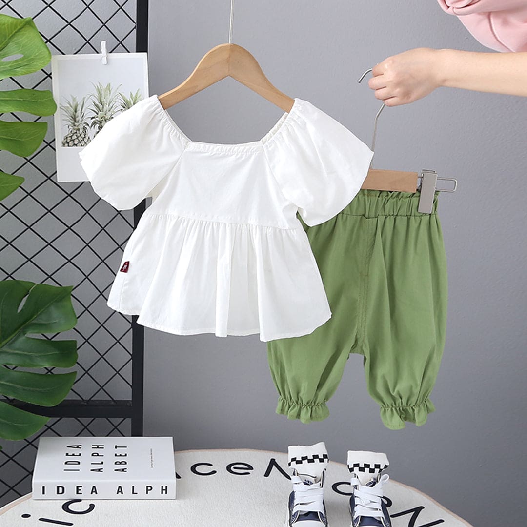 Girls White Puff Sleeves Top with Pants Set Sets