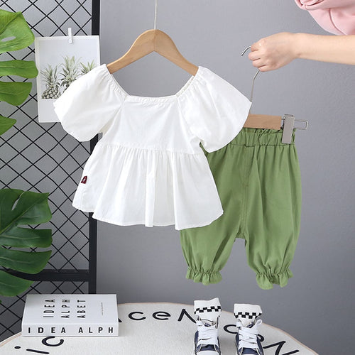 Girls White Puff Sleeves Top with Pants Set Sets