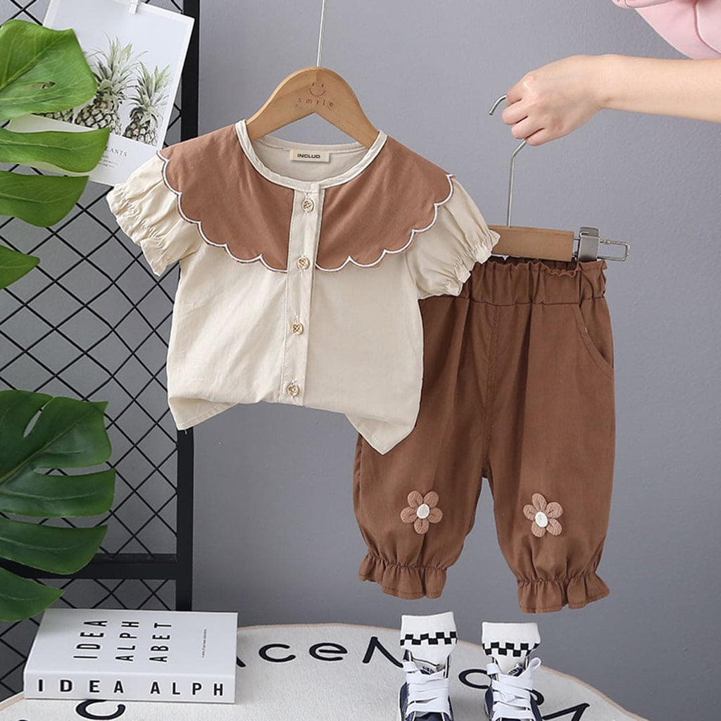 Girls Brown Puff Sleeves Top with Pants Set Sets Brown 1-2 Y