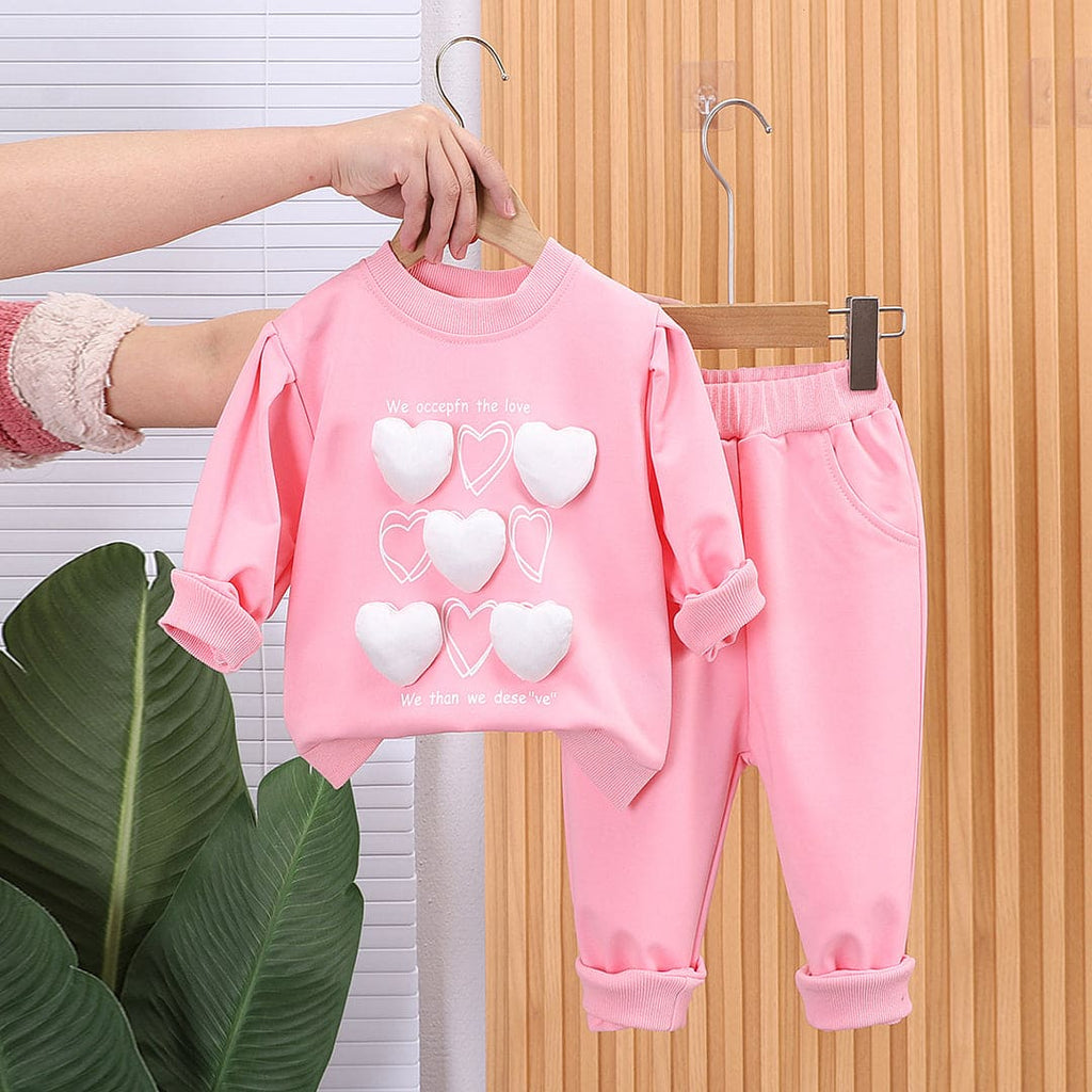 Girls Pink 3D Heart Sweatshirt with Trouser Set Sets Pink 1-2 Y