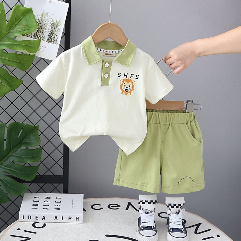 Boys Green Lion Printed Short Sleeves T-shirt with Shorts Set Sets Green 1-2 Y