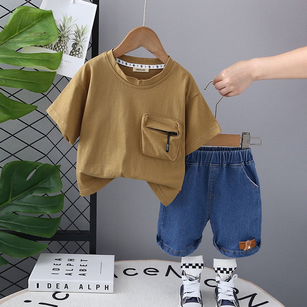 Boys Khaki Short Sleeves T-shirt with Shorts Set Sets Khaki 1-2 Y