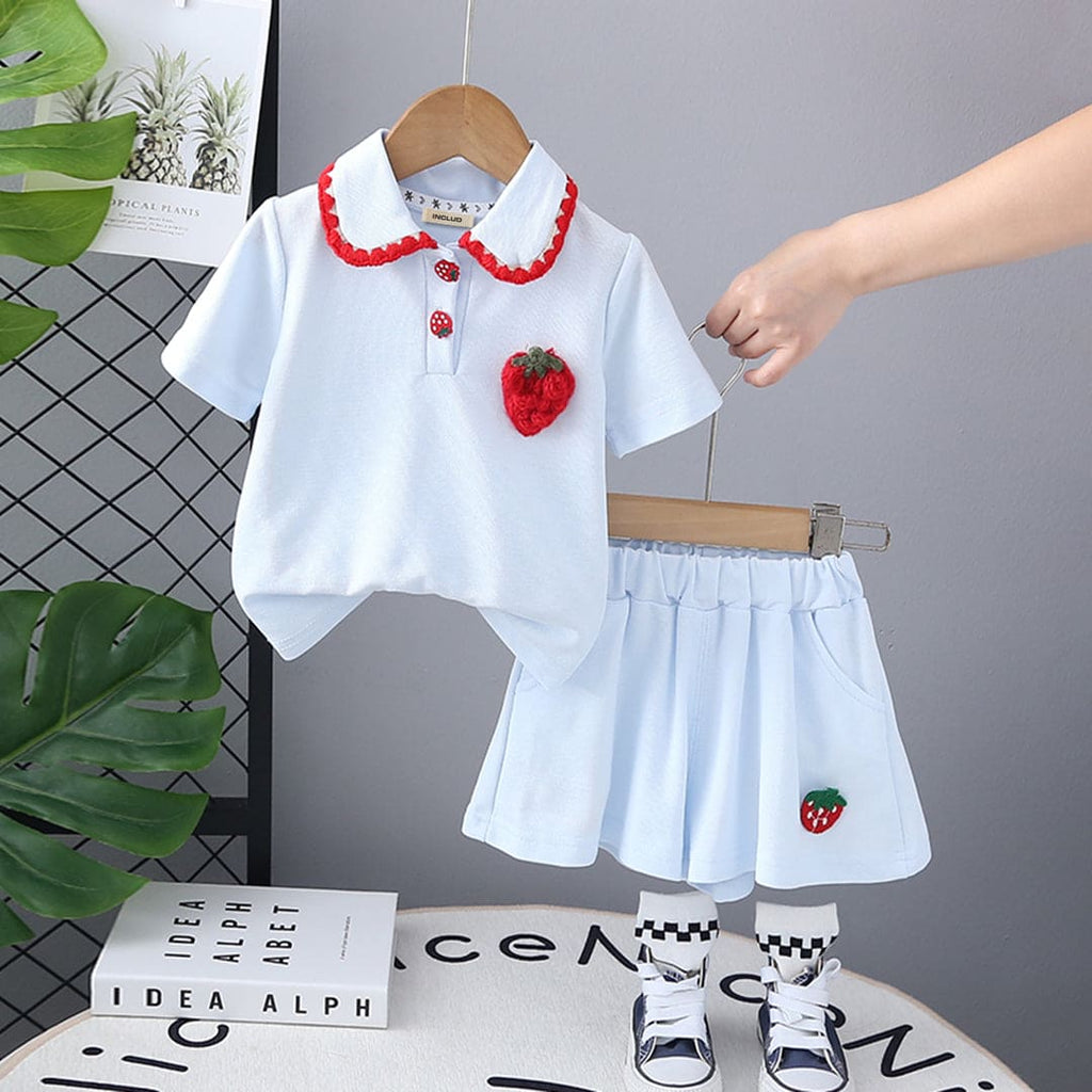 Girls Blue Strawberry Embroidered Short Sleeves T-shirt with Skirt Set Sets Blue 1-2 Y