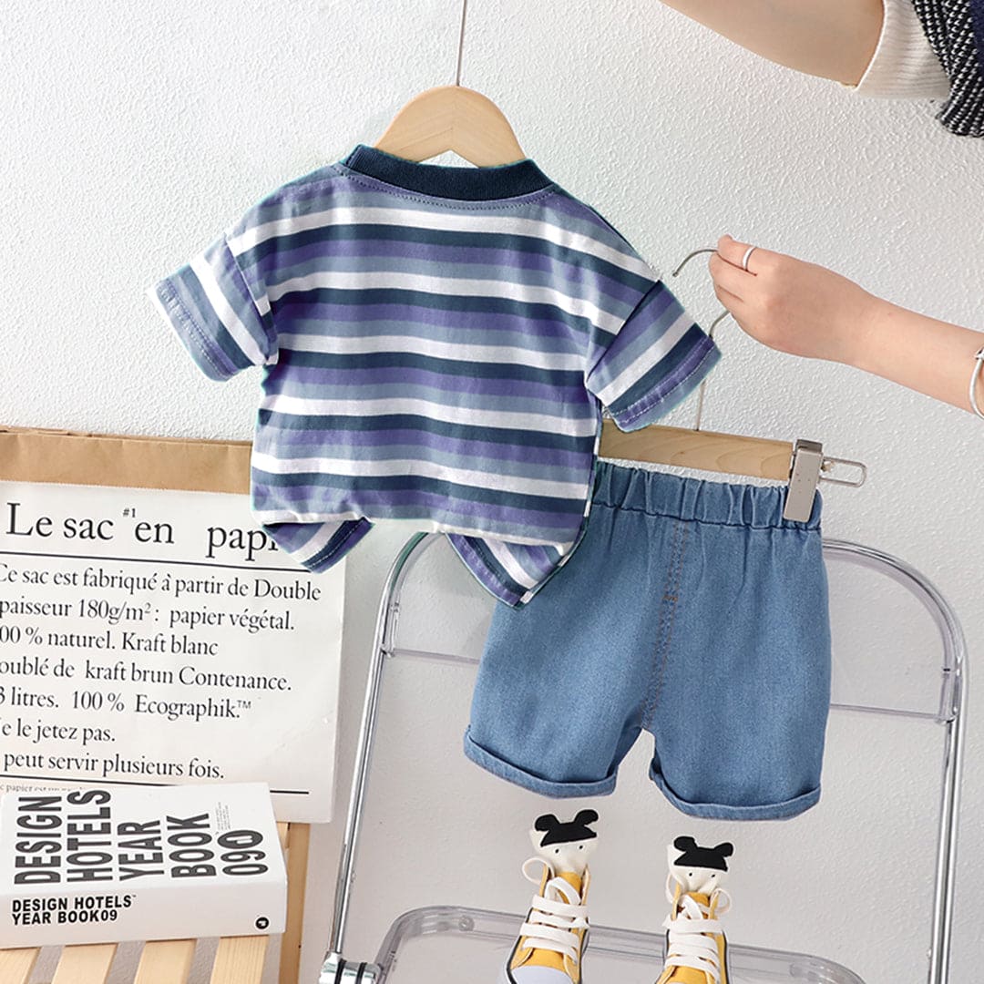 Boys Blue Stripes Short Sleeves T-shirt with Shorts Set Sets