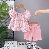 Girls Pink Printed Puff Sleeves Top with Shorts Set Sets