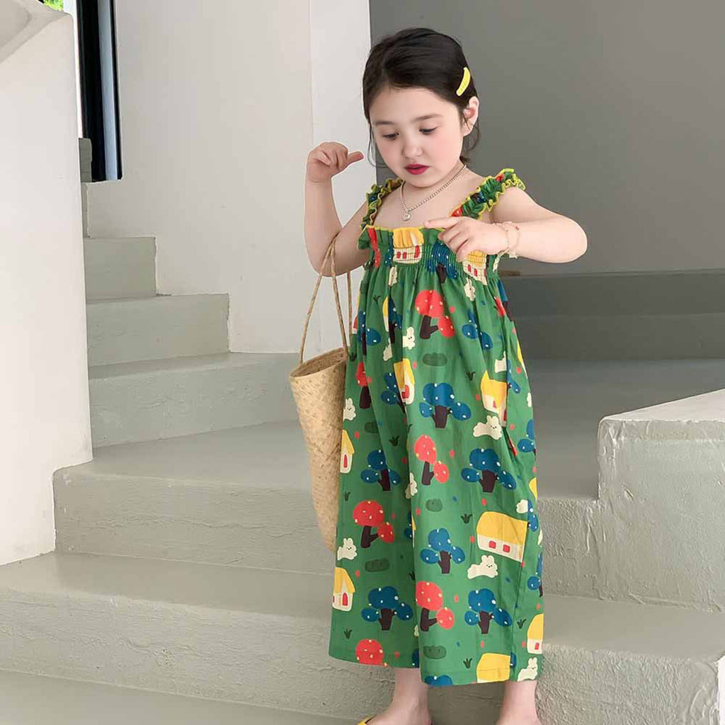 Girls Printed Shoulder Straps Jumpsuit Jumpsuits Green 2-3 Y 