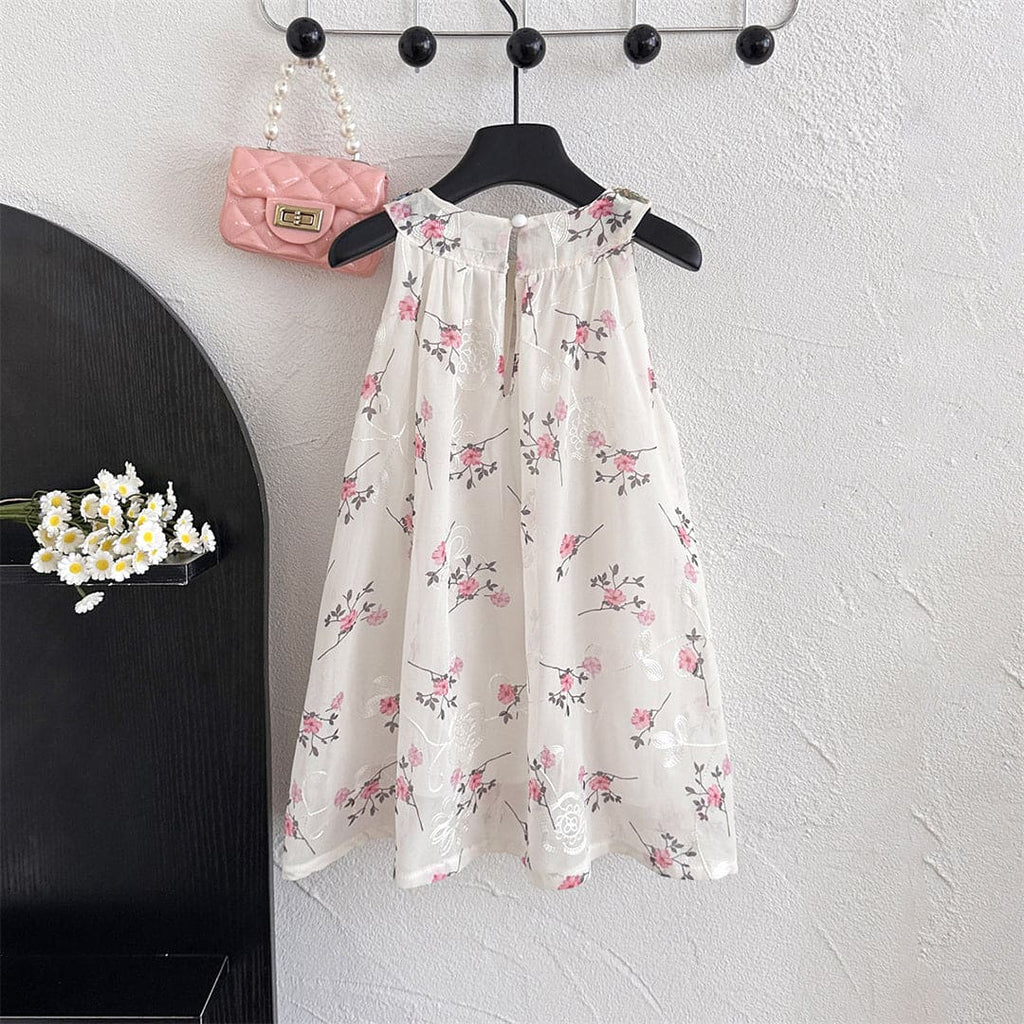 Girls Floral Printed Embellished Neck Halter Neck Dress Casual Dresses White 1-2 Y 