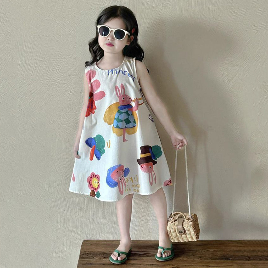 Girls Animal Print Sleeveless A-line Dress Casual Dresses White 1-2 Y 