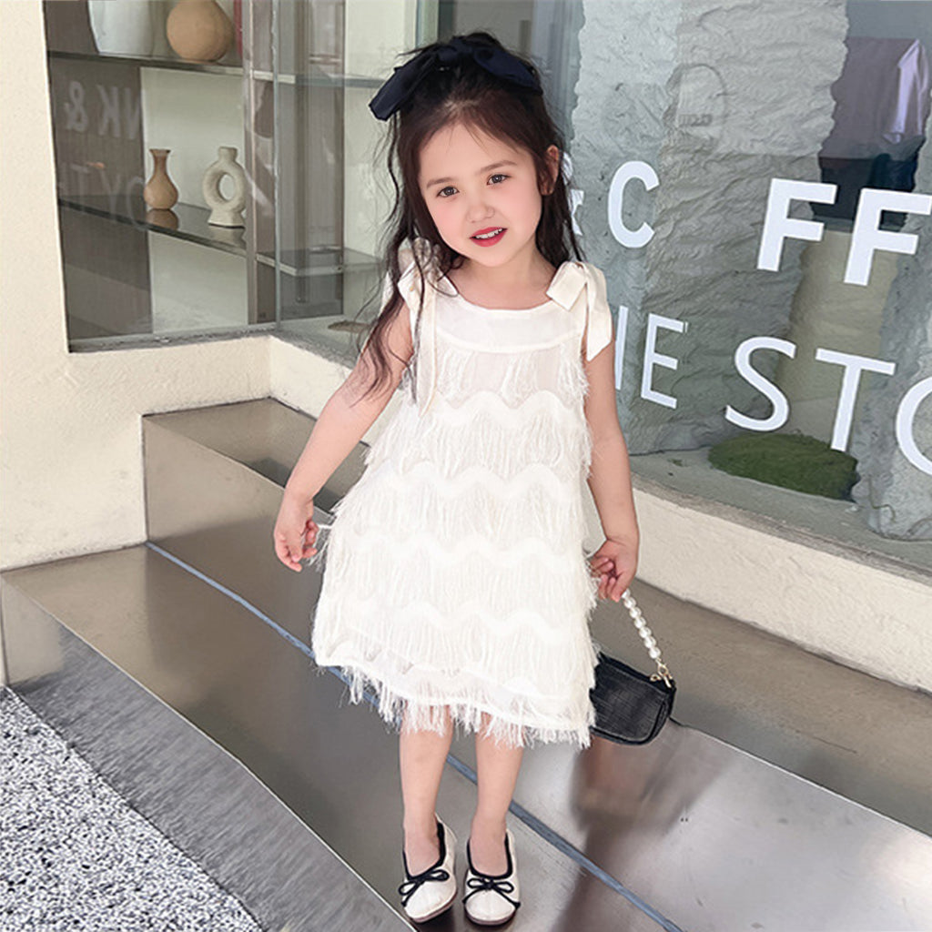 Girls Shoulder Bow Straps A-line Dress Casual Dresses White 1-2 Y 