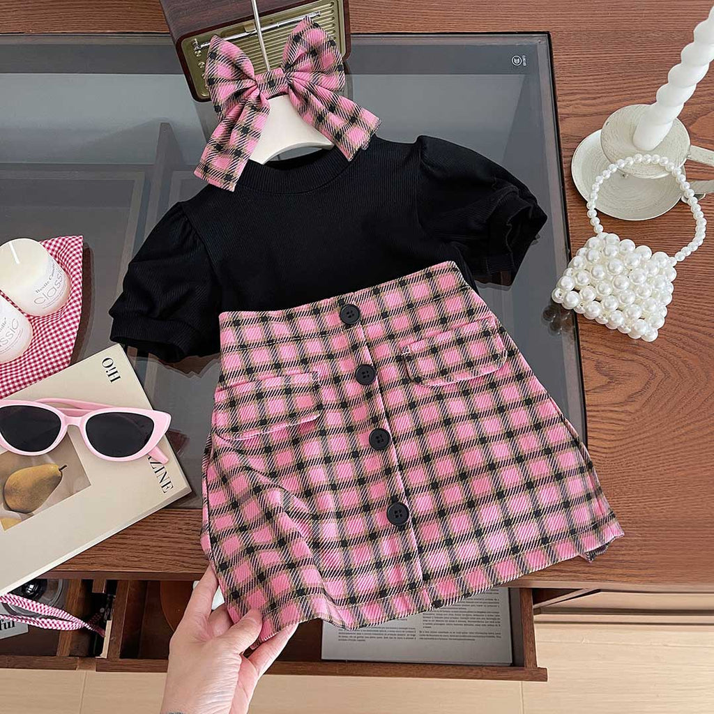 Girls Puff Sleeves Top With Checkered Skirt Set Sets Black 2-3 Y 