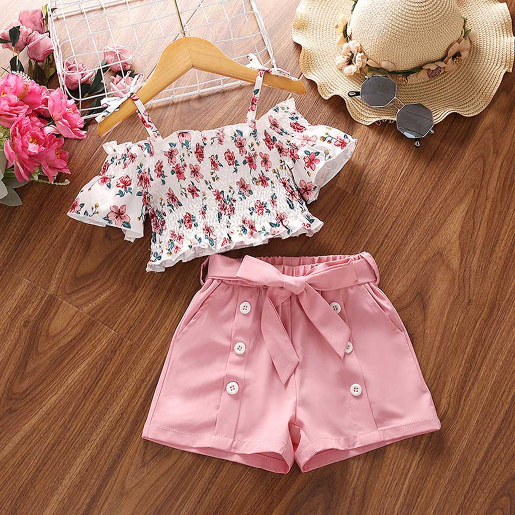 Girls Floral Print Off Shoulders Top With Shorts Set Sets Pink 1-2 Y 