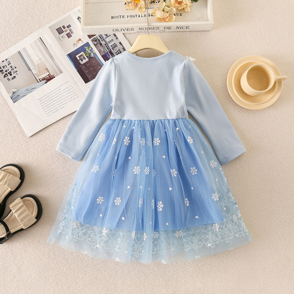 Girls Blue Frozen Inspired Print Full Sleeves Fit & Flare Dress Party Dresses Light Blue 1-2 Y 