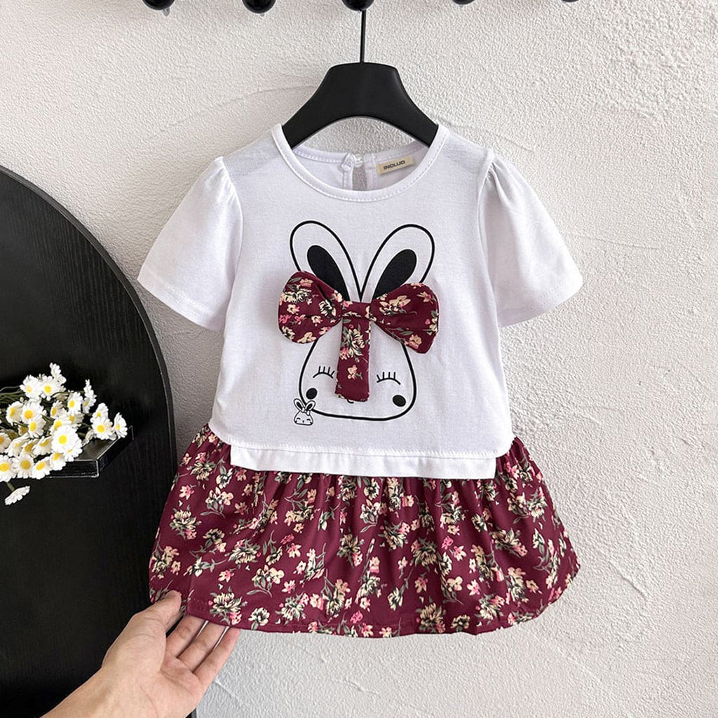 Girls Red Bow Applique Short Sleeves T-Shirt With Printed Skirt Set Sets Red 1-2 Y 