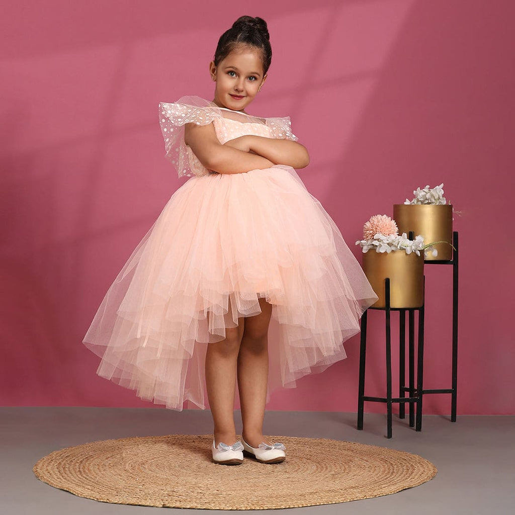 Girls Peach Embellished High-Low Tulle Party Dress Party Dresses Peach 1-2 Y