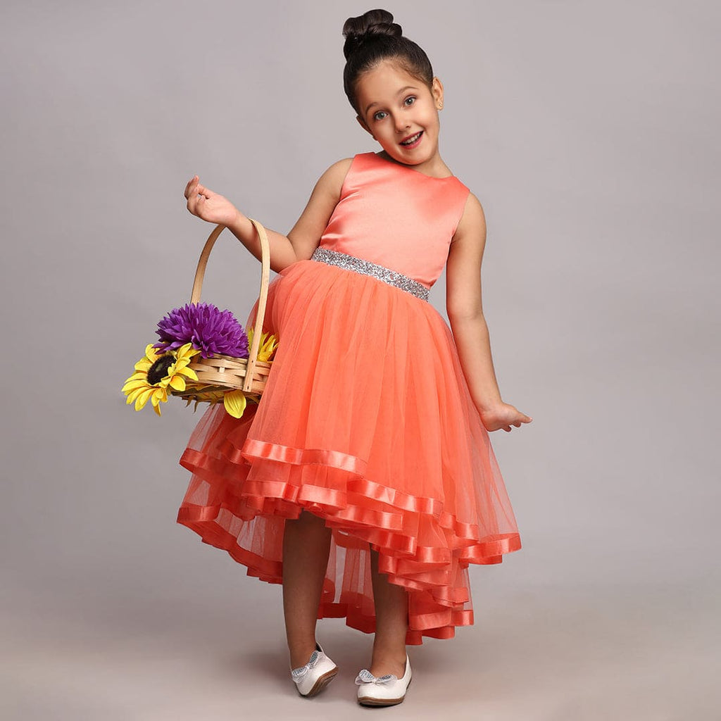 Girls Orange Fit & Flare High-Low Tulle Party Wear Dress Party Dresses Orange 1-2 Y