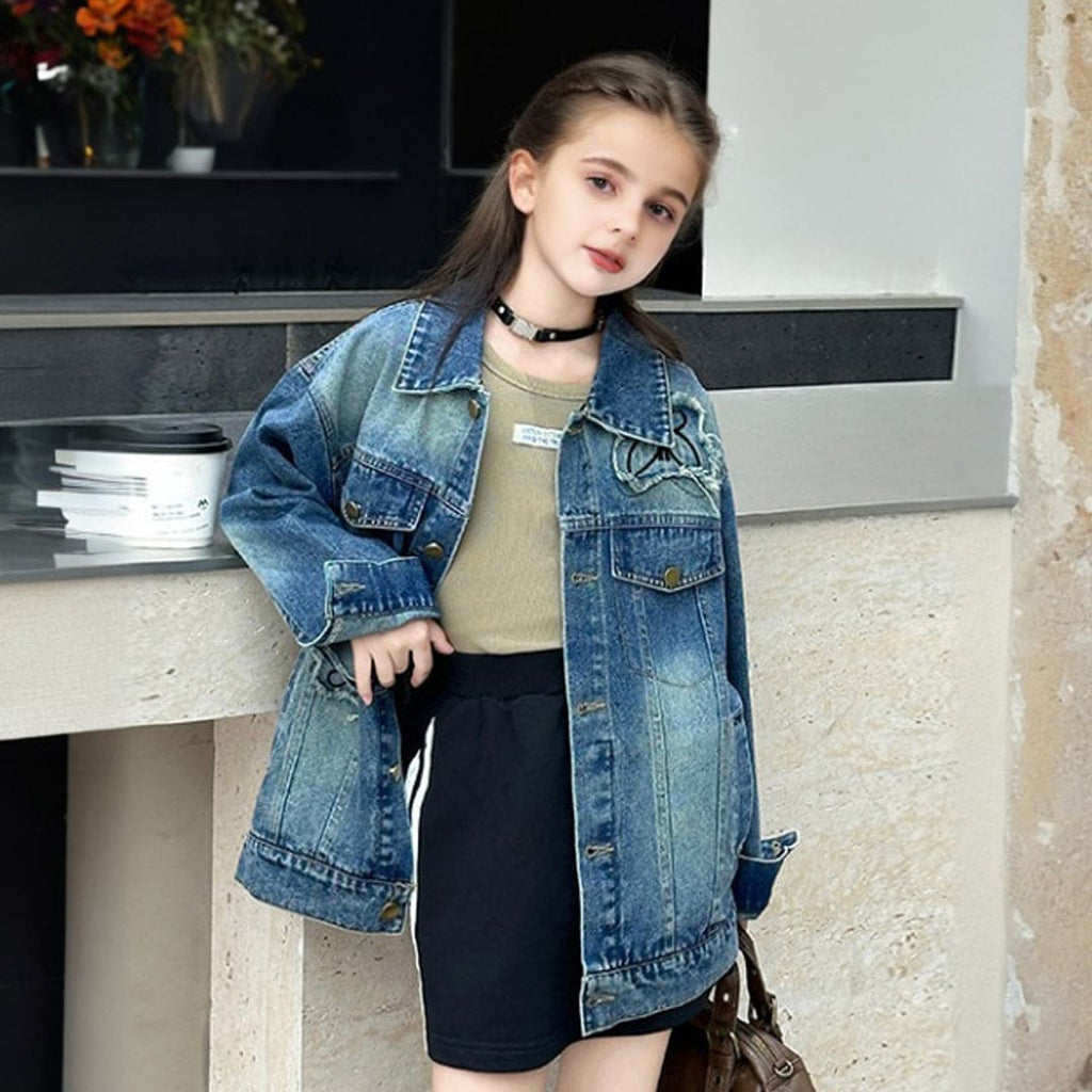 Girls Blue Solid Winterwear Denim Jacket Coats & Jackets Blue 5-6 Y