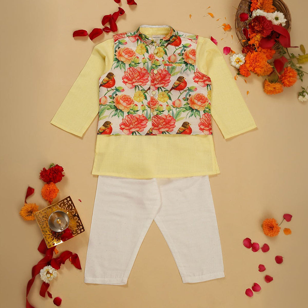 Boy's Yellow Kurta Pajamas With Floral Print Jacket Set Sets Yellow 6-12 M