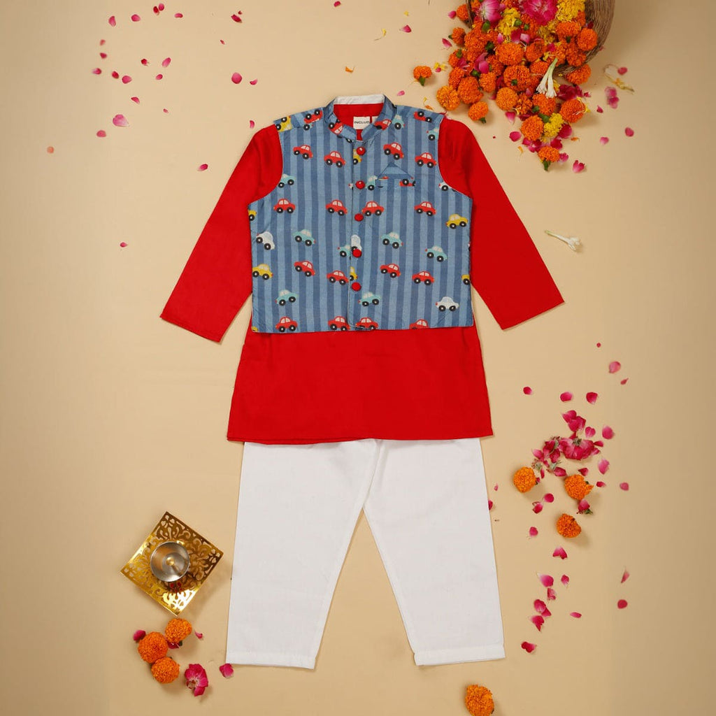 Boys Red Kurta With Car Print Jacket and Pajama Set Sets Red 6-12 M