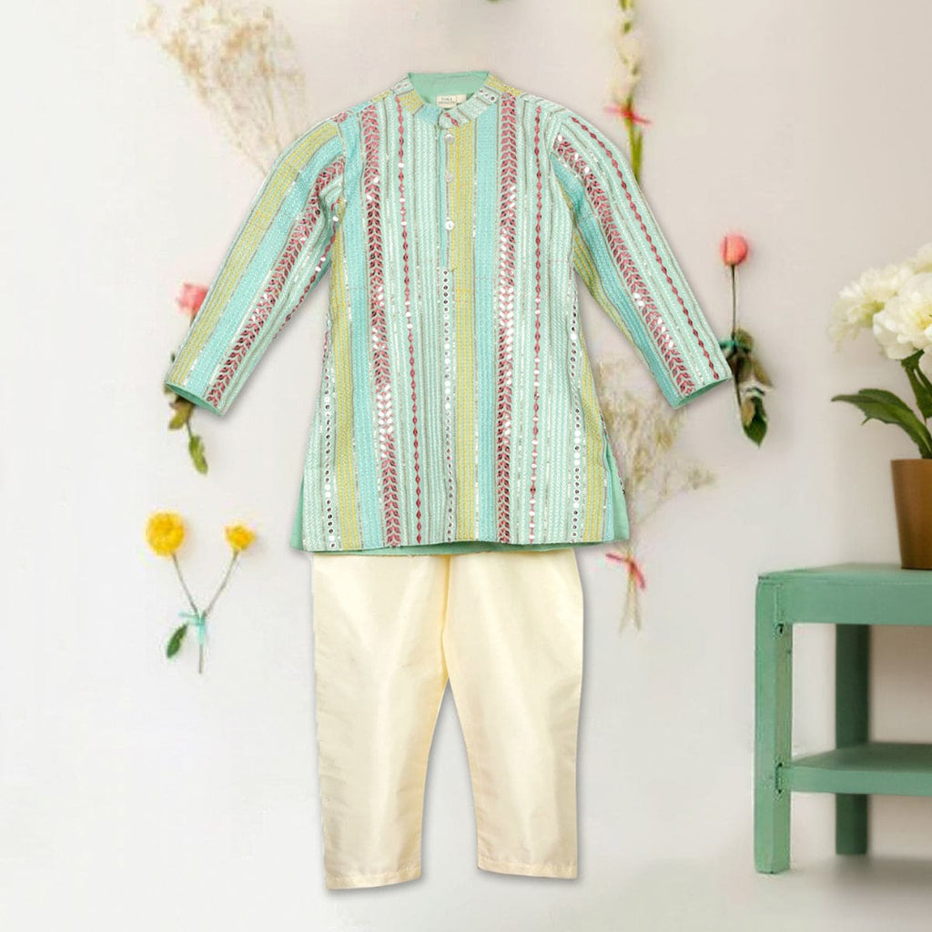 Boy's Green Sequence Embroidered Kurta With Pajamas Set Sets Green 6-12 M